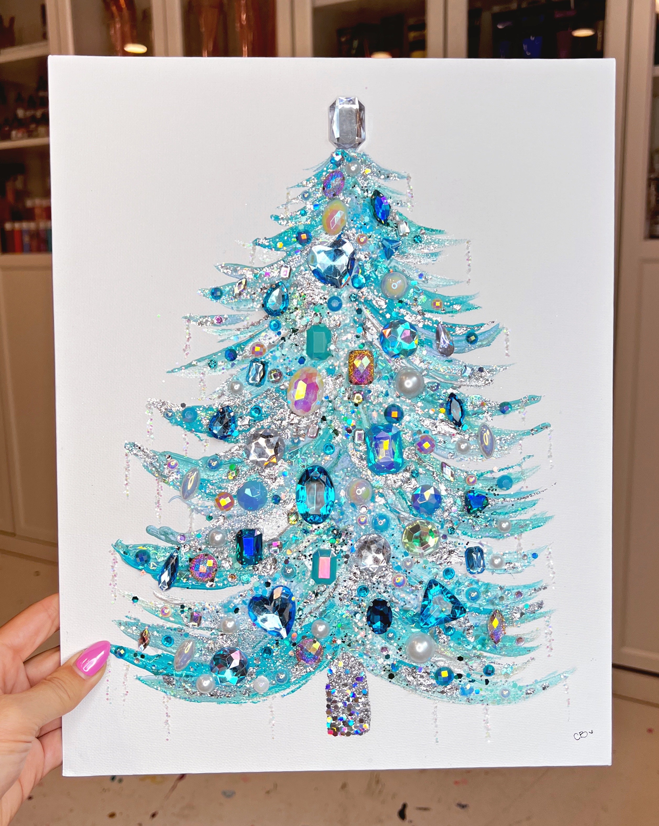 油彩画　Xmas tree Family decorating the Christmas tree oil painting 8x10 Print